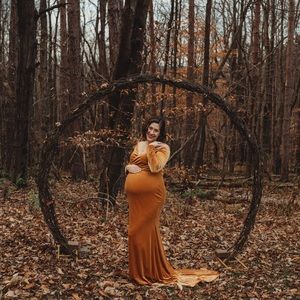 Velvet maternity off shoulder fitted gown long sleeve maxi yellow